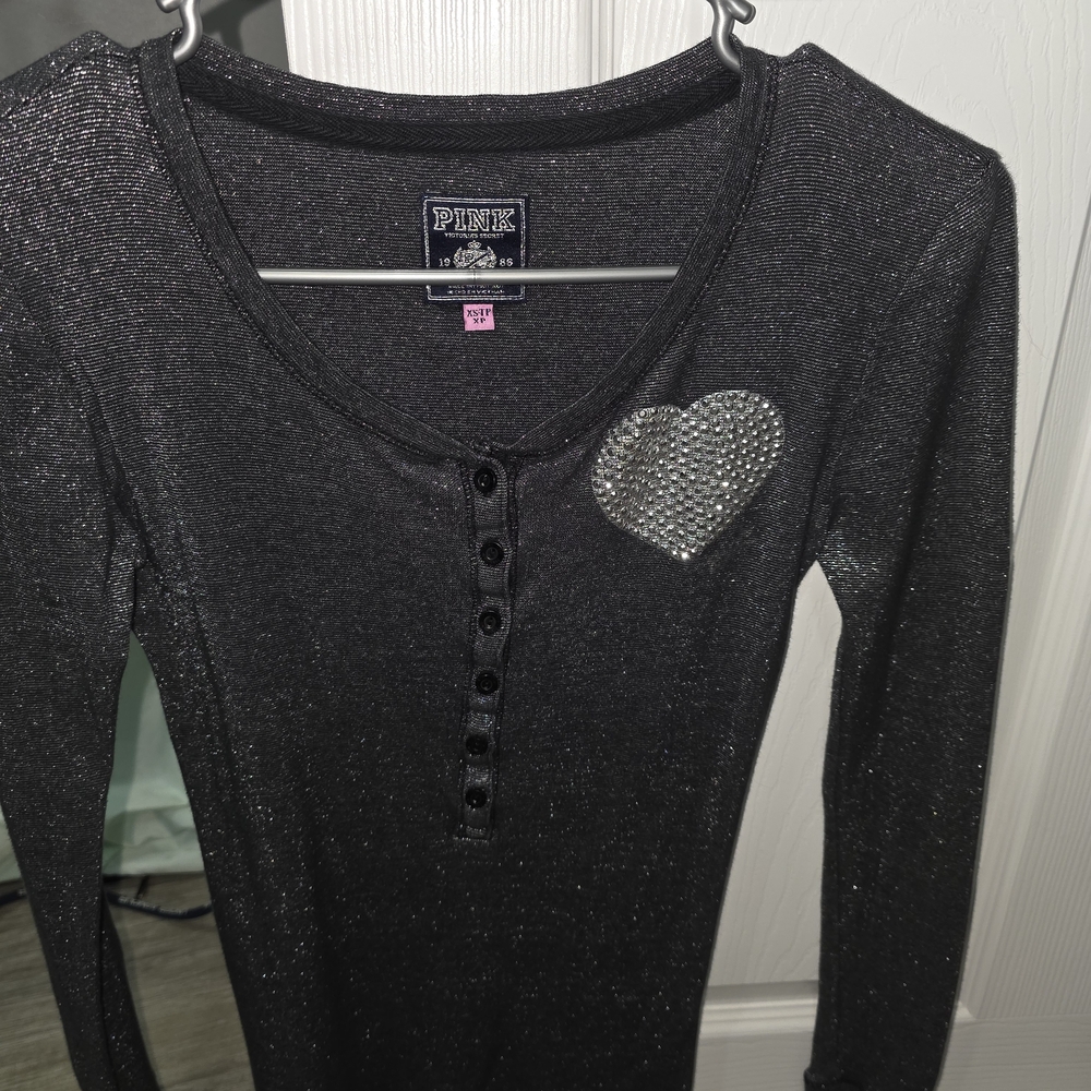 Victoria's Secret Black Long Sleeve Tee with Silver Heart